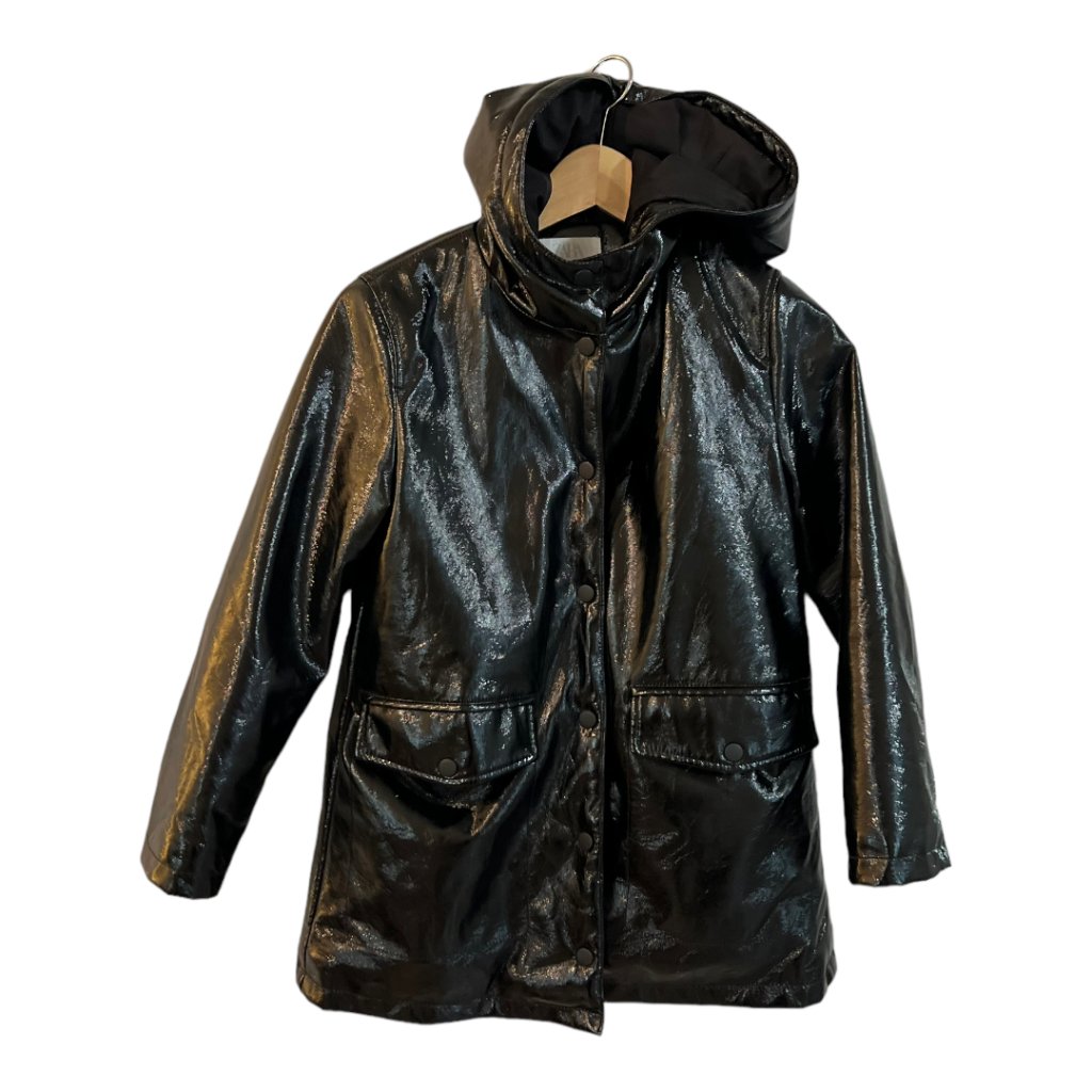 Zara Girls Coat Shiny Warm, Rain Hooded Black Size 10 Snap Closure